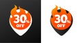 30 percent discount burning pins. Black and white variations. Isolated vector objects.