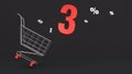 3 percent discount flying out of a shopping cart on a black background. Concept of discounts, black friday, online sales. 3d