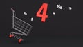 4 percent discount flying out of a shopping cart on a black background. Concept of discounts, black friday, online sales. 3d