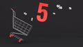 5 percent discount flying out of a shopping cart on a black background. Concept of discounts, black friday, online sales. 3d