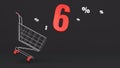 6 percent discount flying out of a shopping cart on a black background. Concept of discounts, black friday, online sales. 3d
