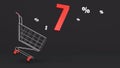 7 percent discount flying out of a shopping cart on a black background. Concept of discounts, black friday, online sales. 3d