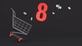 8 percent discount flying out of a shopping cart on a black background. Concept of discounts, black friday, online sales. 3d