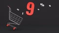 9 percent discount flying out of a shopping cart on a black background. Concept of discounts, black friday, online sales. 3d