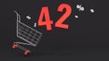 42 percent discount flying out of a shopping cart on a black background. Concept of discounts, black friday, online sales. 3d