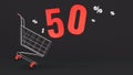 50 percent discount flying out of a shopping cart on a black background. Concept of discounts, black friday, online sales. 3d