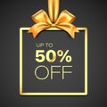 50 percent discount luxury vector gift card design. Golden giftbox with ribbon on black background. Royalty Free Stock Photo