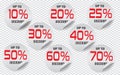 10,20,25,30,40,50,60,70 Percent discount tag badge shape, sticker with offer message, Vector_WHITE Royalty Free Stock Photo