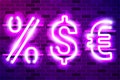 Percent, dollar and euro large shining glowing purple neon lamp sign Royalty Free Stock Photo