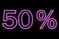 50 percent inscription on a black background. Pink line in neon style.