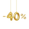 40 percent Off. Christmas Sale. Creative design of discount season. Golden numbers 40 hanging on a Christmas tree thread. Forty