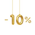 10 percent Off. Christmas Sale. Creative design of discount season. Golden numbers 10 hanging on a Christmas tree thread. Ten