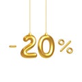 20 percent Off. Christmas Sale. Creative design of discount season. Golden numbers 20 hanging on a Christmas tree thread. Twenty