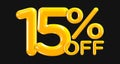 15 percent Off. Discount creative composition of golden or yellow balloons. 3d mega sale or fifteen percent bonus symbol on black