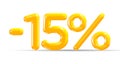 15 percent Off. Discount creative composition of golden or yellow balloons. 3d mega sale or fifteen percent bonus symbol on white