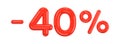 40 percent Off. Discount creative composition of red glossy plastic 3d numbers. 40% mega sale or forty percent bonus symbol. Sale