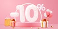 10 percent Off. Discount creative composition. Sale symbol with decorative objects, balloons, golden confetti, podium Royalty Free Stock Photo