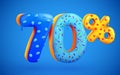 70 percent Off. Discount dessert composition. 3d mega sale symbol with flying sweet donut numbers. Sale banner or poster