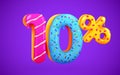 10 percent Off. Discount dessert composition. 3d mega sale symbol with flying sweet donut numbers. Sale banner or poster