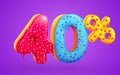 40 percent Off. Discount dessert composition. 3d mega sale symbol with flying sweet donut numbers. Sale banner or poster