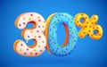 30 percent Off. Discount dessert composition. 3d mega sale symbol with flying sweet donut numbers. Sale banner or poster