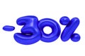 30 percent Off discount, minus thirty 3d funny cartoon sale symbol made of realistic helium blue balloon, 3d rendering