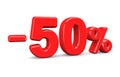 50 percent off discount sign. Red text is isolated on white. Royalty Free Stock Photo