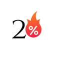 20 percent off with the flame, burning sticker, label or icon. Hot Sale flame and percent sign label, sticker. special offer, big Royalty Free Stock Photo