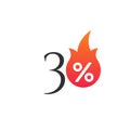 30 percent off with the flame, burning sticker, label or icon. Hot Sale flame and percent sign label, sticker. special offer, big Royalty Free Stock Photo