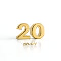 20 percent off gold 3D render isolated on white background Royalty Free Stock Photo