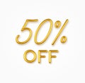 50 percent off golden realistic text on a light background. Royalty Free Stock Photo