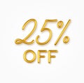 25 percent off golden realistic text on a light background. Royalty Free Stock Photo