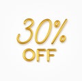 30 percent off golden realistic text on a light background. Royalty Free Stock Photo