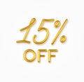 15 percent off golden realistic text on a light background. Royalty Free Stock Photo