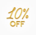 10 percent off golden realistic text on a light background. Royalty Free Stock Photo