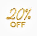 20 percent off golden realistic text on a light background. Royalty Free Stock Photo