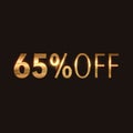 65 percent off, golden words on black background, 3d illustration