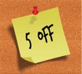 5 PERCENT OFF handwritten on yellow sticky paper note over cork noticeboard background.