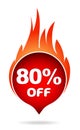 80 percent off red blazing speech bubble, sticker, label or icon