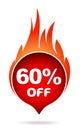 60 percent off red blazing speech bubble, sticker, label or icon