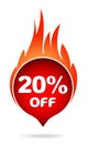 20 percent off red blazing speech bubble, sticker, label or icon