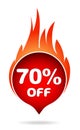 70 percent off red blazing speech bubble, sticker, label or icon