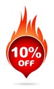 10 percent off red blazing speech bubble, sticker, label or icon