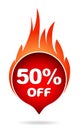 50 percent off red blazing speech bubble, sticker, label or icon