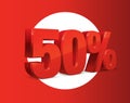 50 percent off, sale background, red metall object 3D.