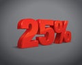 25 percent off, sale background, red object 3D.