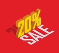 20% percent off, sale, golden-yellow object 3D. Red background. Eps10 Vector.