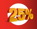 25% percent off, sale, golden-yellow and red object 3D.