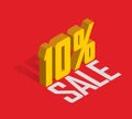 10% percent off, sale, yellow isometric object 3D. White background.