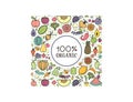 100 percent organic. Fruits and vegetables, vegetarian banner, summer isolated color vector icons.